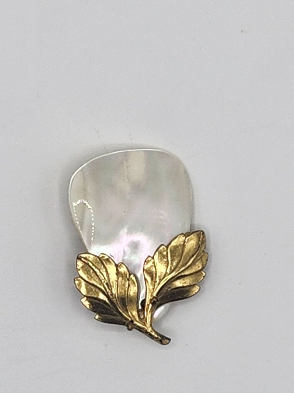 Vintage Miriam Haskell Brooch Pin Gold Tone Leaves with Iridescent Shell